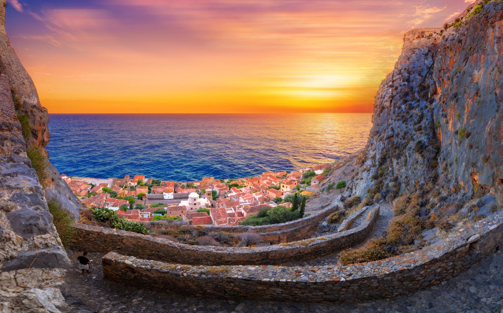 The medieval "castletown" of Monemvasia, often called "The Greek Gibraltar", Lakonia, Peloponnese, Greece